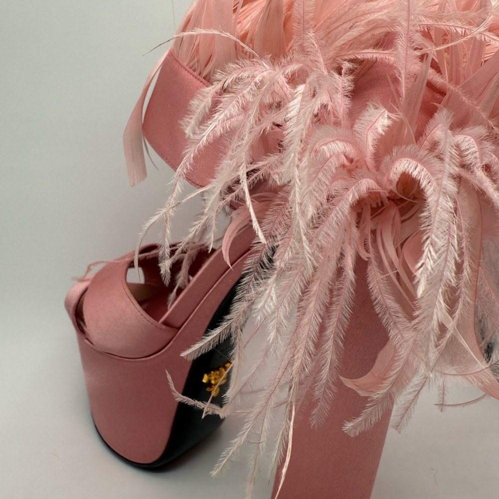 Prada Feather-trim Satin
Platform Sandals In
Geranio Pink